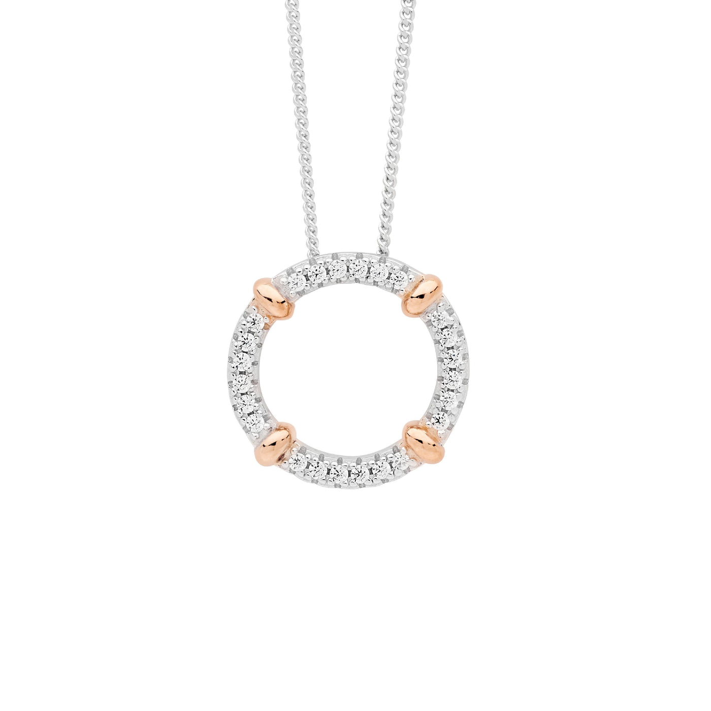 Sterling Silver 16mm white CZ circle pendant with 4x rose gold plated band