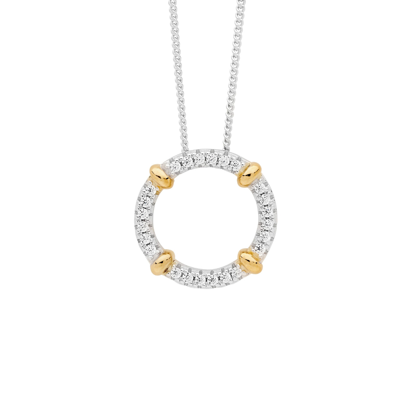 Sterling Silver 16mm white CZ circle pendant with 4x gold plated band