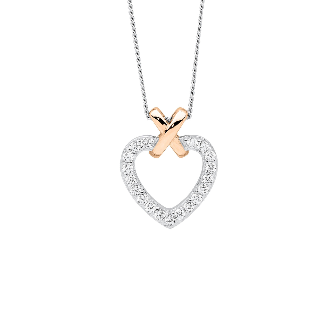 Sterling silver white CZ heart with rose gold plated "X" pendant