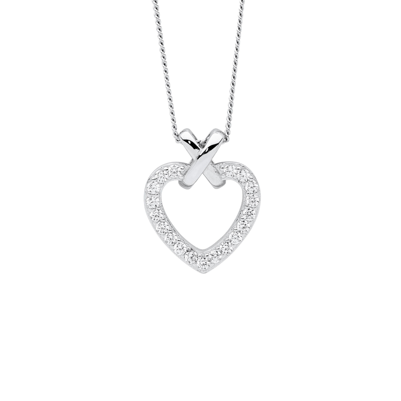 Sterling silver white CZ heart with plain silver "X" pendant